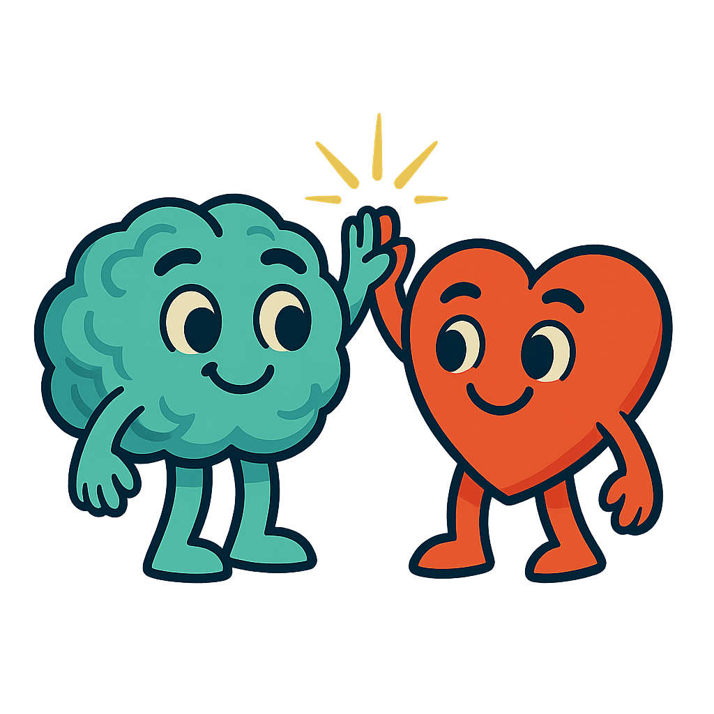 Brain and heart cartoon high‑fiving